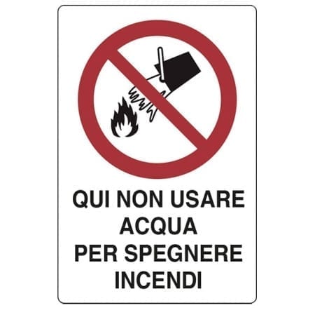 Cartello Segnaletico ISO 7010 – 'Non Usare Acqua Per Spegnere Incendi' – In Adesivo, Forex O Alluminio, Formato 30x12 Cm, Resistente